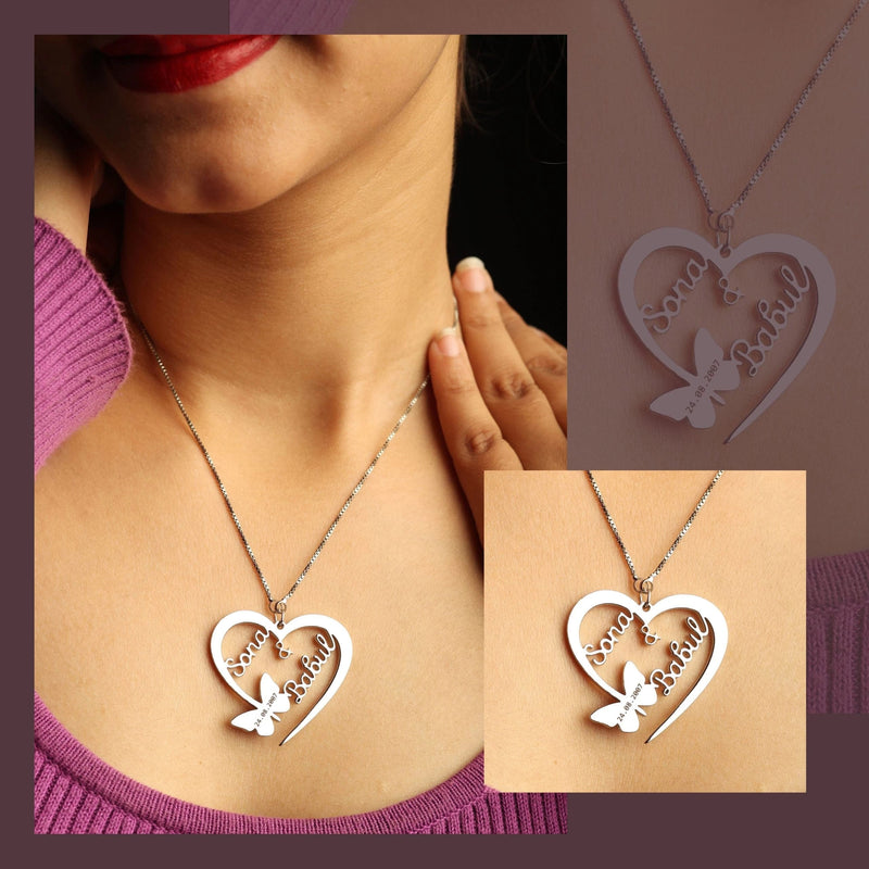 Antique Accessories Butterfly Heart With Engraving Couple Name Necklace – 24k Gold