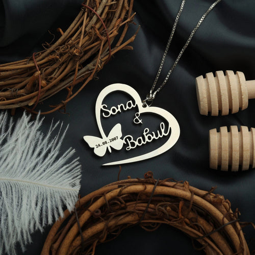Antique Accessories Butterfly Heart With Engraving Couple Name Necklace – 24k Gold