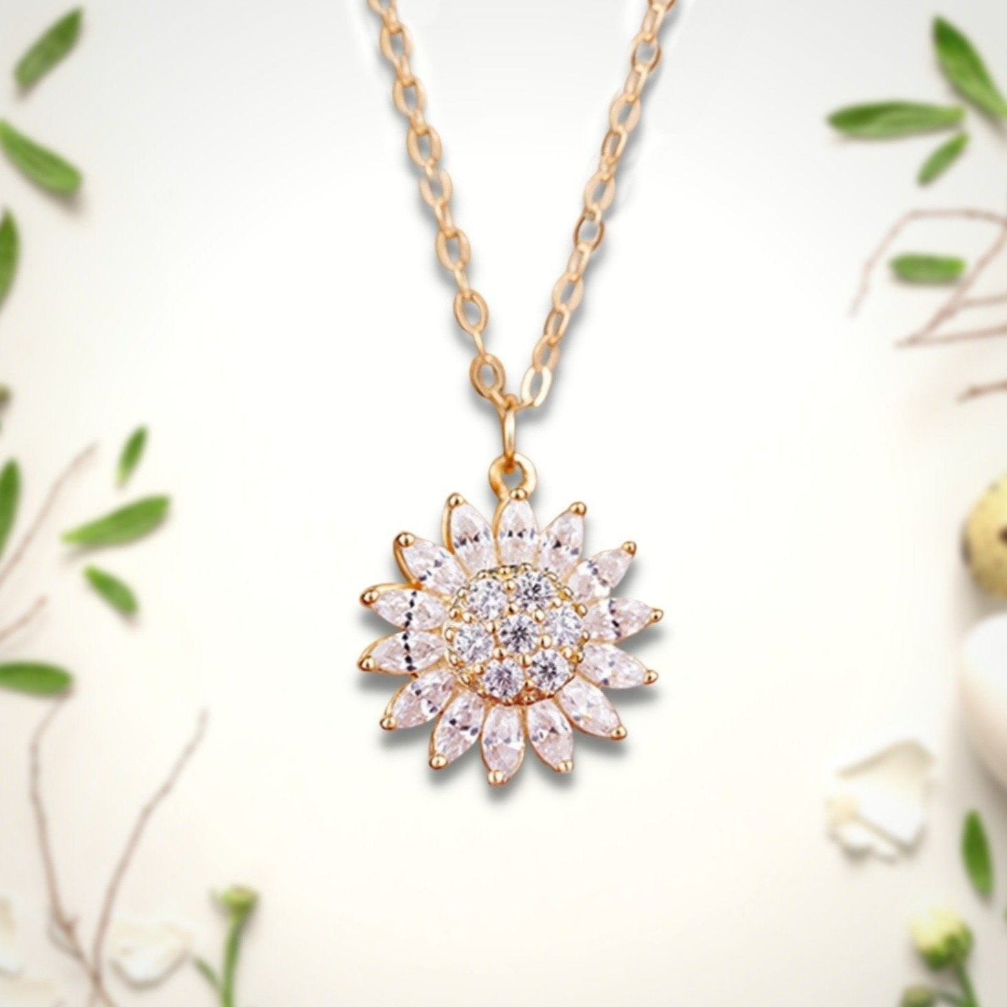 AntiqueAccesories Crystal Sunflower Necklace | 925 Sterling Silver