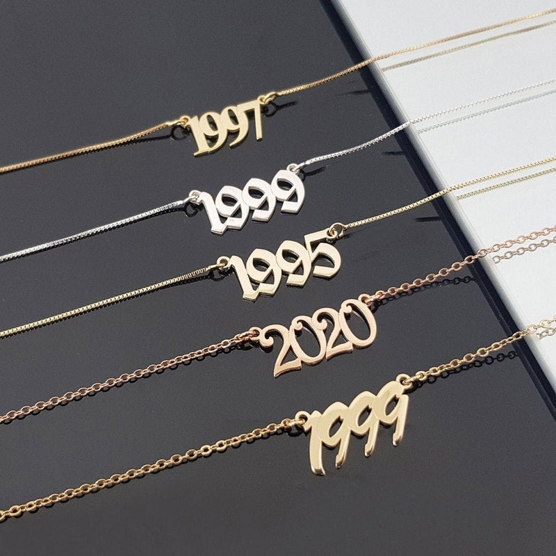 AntiqueAccesories Gold Custom Year Necklace, Birth Year Necklace