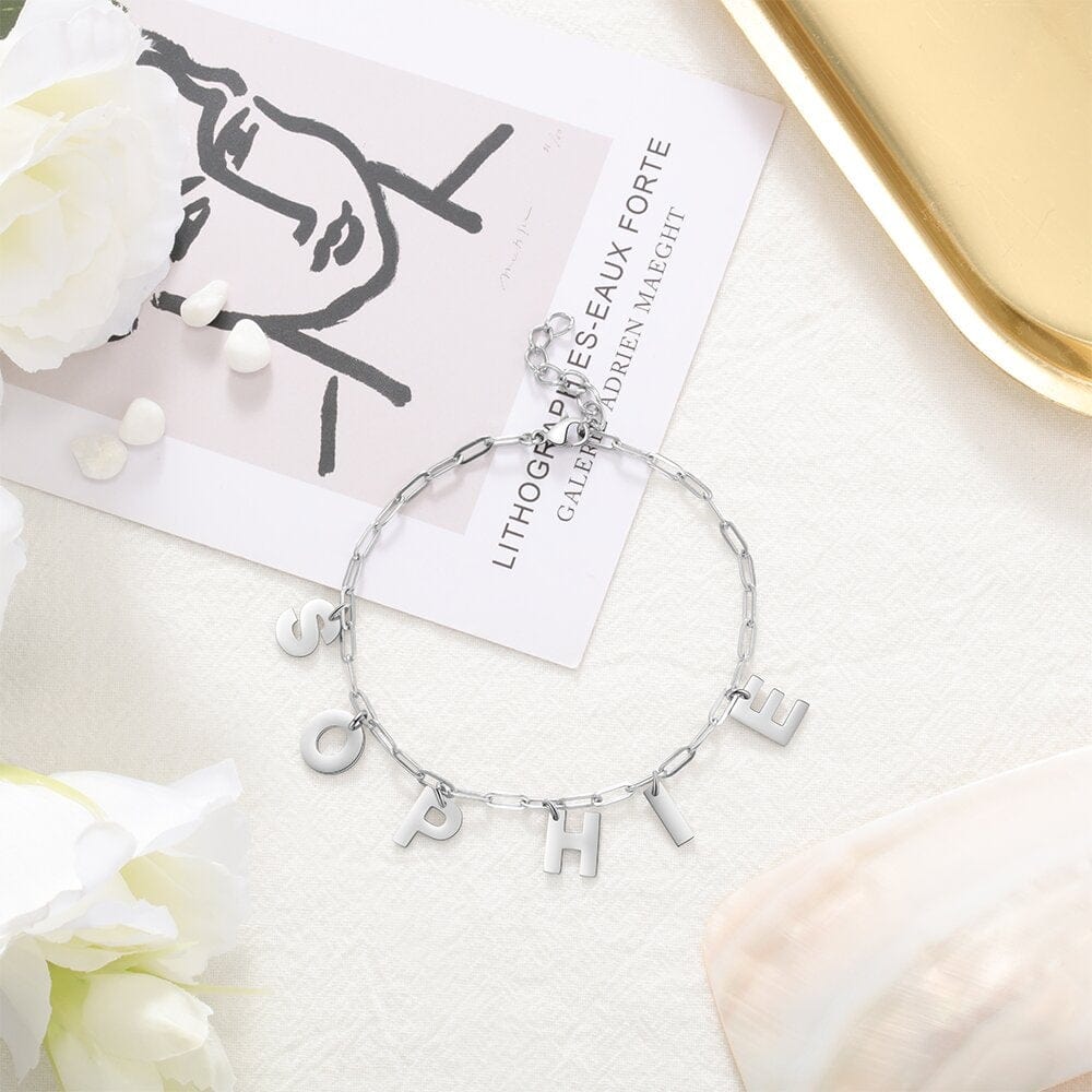 AntiqueAccesories silver Initial Name Bracelet Link Chain Custom Bracelet