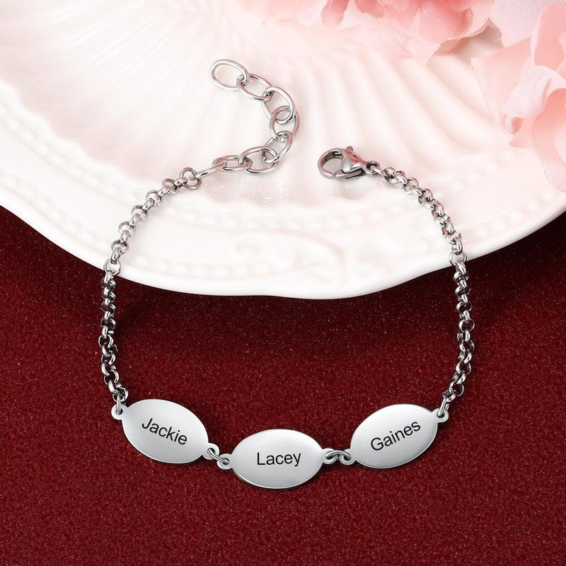 AntiqueAccesories Personalized Mother Bracelet Engraved 3 Names Custom with 3 Oval Pendant