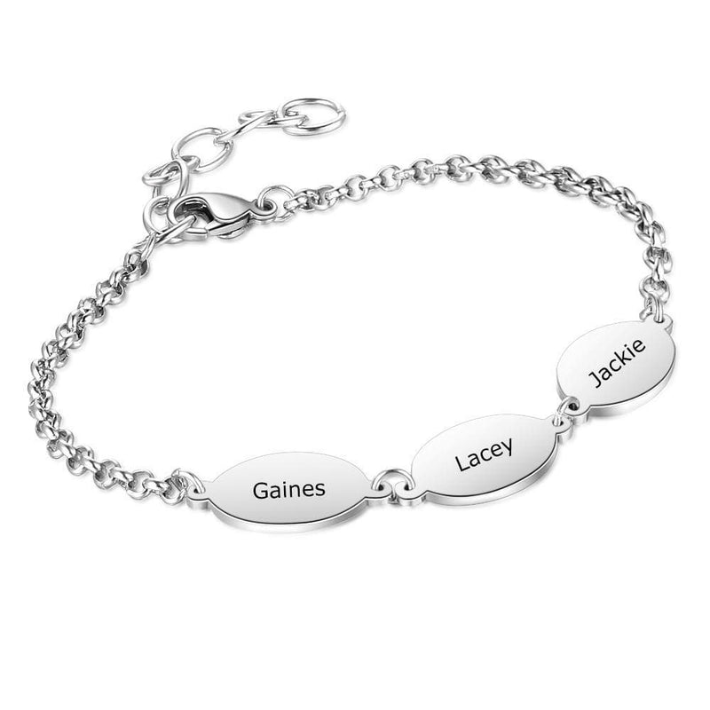 AntiqueAccesories silver Personalized Mother Bracelet Engraved 3 Names Custom with 3 Oval Pendant